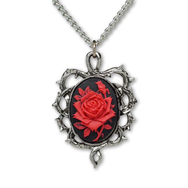 Gothic Red Rose Cameo In Thorns Pendant Necklace