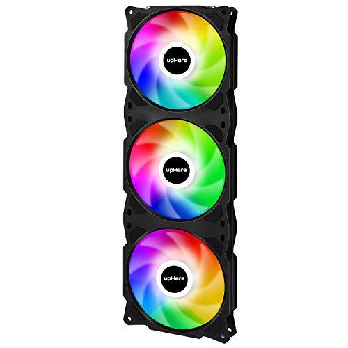 upHere PCケースファン3連 虹色LED PWM 3PINコネクタ デイジーチェーン接続 36...