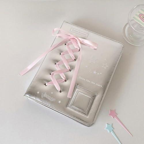 シール帳 A5 かわいい手帳 6穴 銀色 PU レザー バインダー 芭蕾リボン付き カードアルバム ...