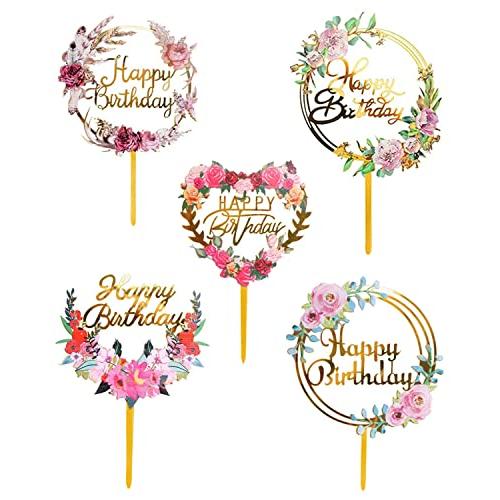 LIKENNY ケーキトッパー 誕生日ケーキ飾り ケーキ挿入カード 花 Happy Birthday...