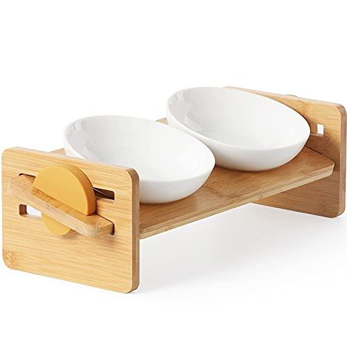 FUKUMARU 犬猫用スタンド付きセラミック食器、15度の角度つき、5種類のセット方法がある竹製の...