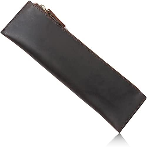 [Libra] ペンケース 革 スリム 筆箱 クレイジーホースレザー 筆入れ (ダークブラウン)