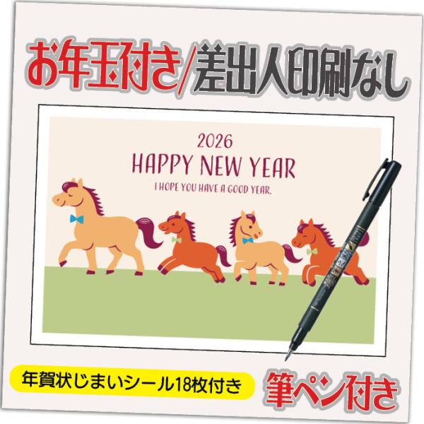 年賀状 年賀はがき 4枚 お年玉付き 年賀状じまいシール付  筆ペン付き 2026年 差出人なし（デ...