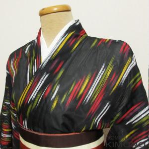 洗える夏着物(絽・付け下げ訪問着) Lフリーサイズ 黒色地に花柄
