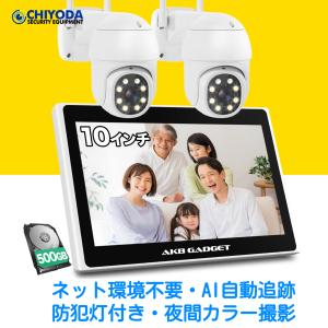 防犯カメラ 屋外 ワイヤレス カメラ PTZ 遠隔監視 AI動体検知 防犯灯付き 監視カメラ 10インチLCD液晶モニタ 一体型NVR 500万画素 1TB ネット不要