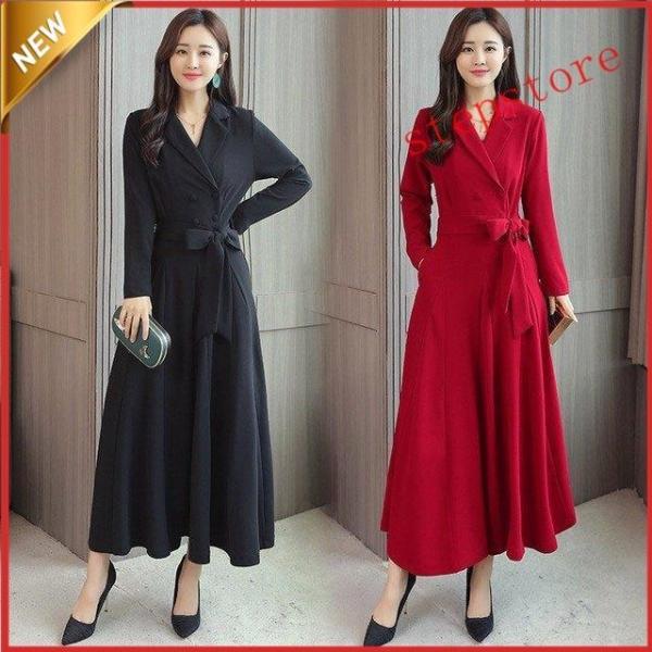 【大特価】結婚式ドレス 赤 30代 40代 マキシ丈ワンピース 長袖 Aライン  大人 フォーマル ...