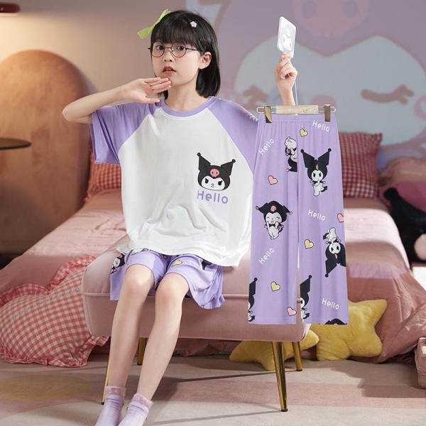【大特価】ジュニア 女の子 パジャマ 上下3点セットアップ 半袖Tシャツ+長ズボン+ハーフパンツ 女...