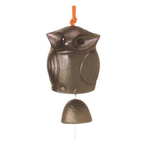 ふくろう風鈴　黒色　鉄製　かざり：W80×D75×H95mm　鈴：¢45×H35mm