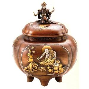 冠婚葬祭 宗教用品 仏壇 仏具香炉 奏楽天人香炉 青銅製 彩色色分け 桐箱入 高さ15 幅12 奥行11cm
