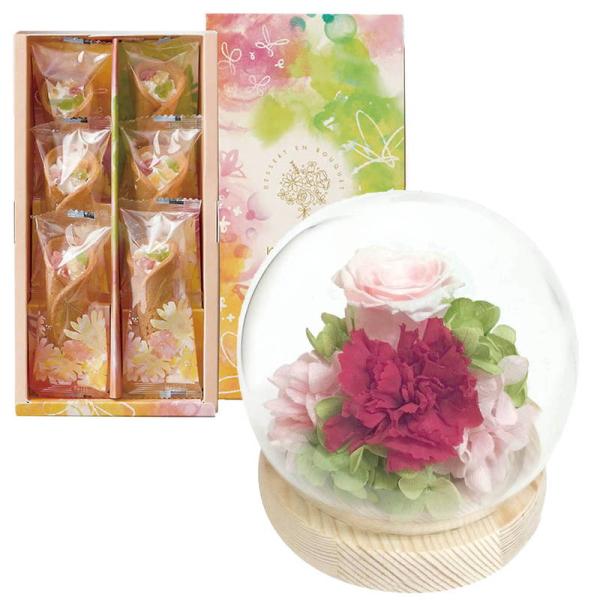 母の日 ギフト スイーツ スフィアドームアレンジメント 咲(さき)ピンク＆花束のデザート6個入ギフト...