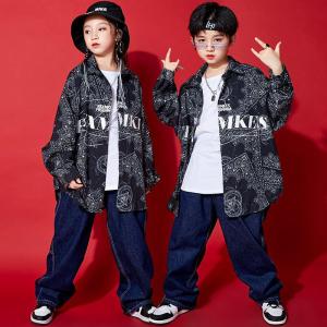 キッズ ダンス衣装 ヒップホップ HIPHOP 花柄シャツ ダンスシャツ デニムパンツ 子供 男の子 女の子 練習着 ジャズダンス 大量注文対応 安い｜kanaeya