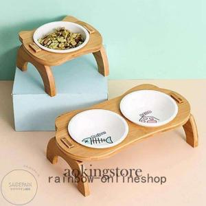 ペット用食器ペット用品斜め口高い脊椎を保つ木棚のダブルボウルエサ入れ水入れ2口フードボール犬猫スタンドペットグッズ