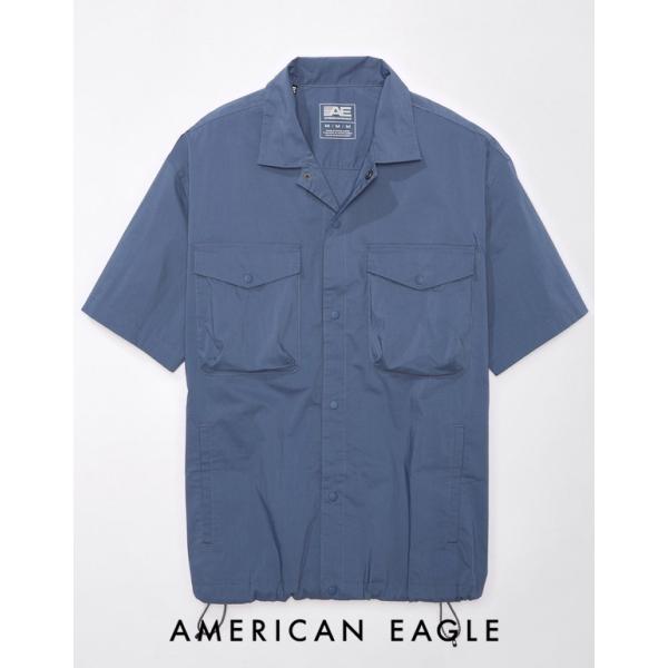 アメリカンイーグル シャツ 半袖 メンズ 開襟シャツ 無地 ストレッチ ブルー 大きいサイズあり