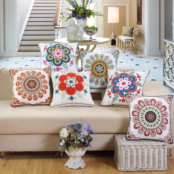 クッションカバー 45×45cm 刺〓　おしゃれ 正方形 北欧 インテリア 綿　コットン　花柄　ソフ...