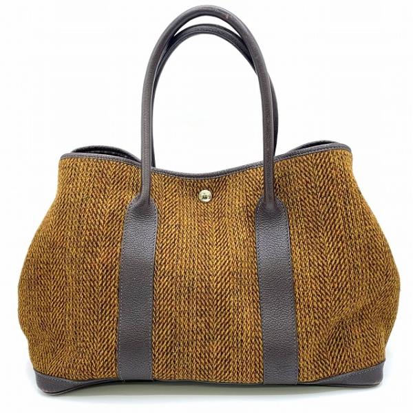 HERMES エルメス ガーデンパーティPM ツイード G刻印 トートバッグ レザー ウール ブラウ...