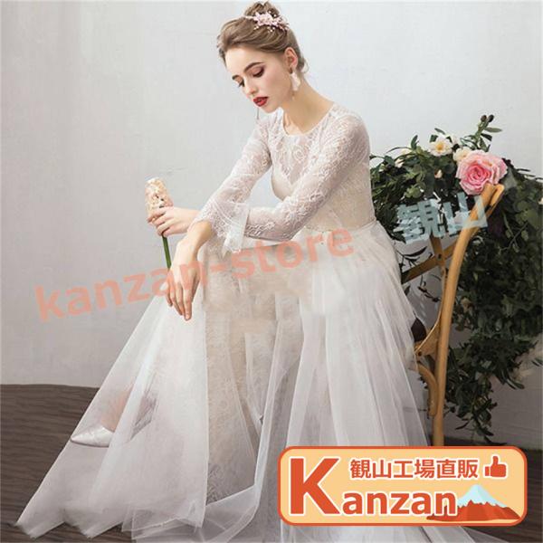 ウェディングドレス 結婚式 二次会ドレス 花嫁 スレンダードレス クラシカル レースの長袖 総レース...