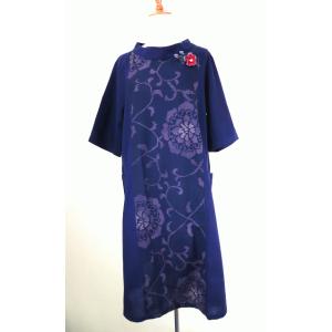 和柄　薄手春夏向き　タイ木綿 　唐草模様　パッチワーク　ワンピース　(ブルー）　　春夏/秋冬/ミセス...