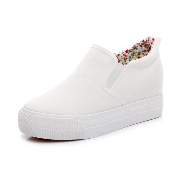 厚底スニーカーシューズレディース靴夏白花柄インヒールキャンバスカジュアルぺたんこスリッポン靴美脚疲れ...