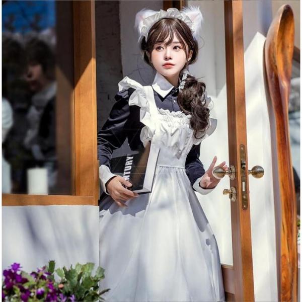 メイド服 ロング丈 可愛いメイド服 もえもえ ロリータワンピース メードコスチューム ハロウィン コ...