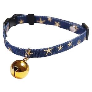 GJTr 猫 ねこ 用 首輪 鈴 付き バックル 式 サイズ 調節 可能 星 柄 ネイビー × ゴールド