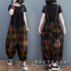 サロペット オーバーオール レディース サルエル風 ワイドパンツ ズボン型つなぎ ゆったり ロングパンツ おしゃれ 胸当て 繋ぎ 作業服 カジュアル チェック柄