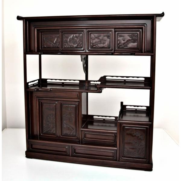 受注生産品 飾り棚 花梨 7枚戸4尺棚 山水彫り 漆仕上げ 唐木 茶棚 唐木家具 和家具 W123x...
