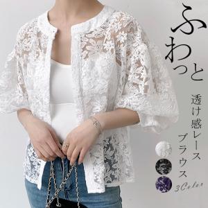 全品Point10倍!最大倍率50% レースブラウス レディース 透け感 シアー オーガンジー 刺繍ブラウス ノーカラー