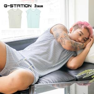 G-Station しわ加工 ストライプ柄 ノースリーブ タンクトップ トップス 縞 軽量 速乾