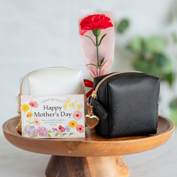母の日　ポーチ　ケース　スクエアポーチ　チャーム　プレゼント　ギフト　誕生日　記念品　リングカラビナ...