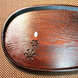 お盆　おぼん 桜もよう 小判盆 38×24.2cm 木製 漆 茶 木 訳あり