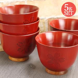お椀 木製 汁椀 桜柄おかゆ椀 赤 5客セット