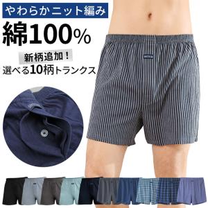 メンズ トランクス 綿100% コットン ニット 下着 インナー 前開き 通気性 吸汗 涼しい 快適 肌に優しい 無地 チェック ストライプ 大きいサイズ 黒 青 紺 ms-026