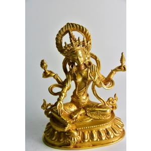 天然 檜 総手彫り 『 裸 吉祥天 』 李建作 純金彩 水晶宝珠 木彫 彫刻
