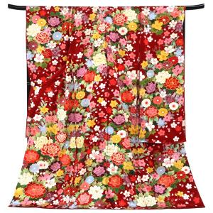 振袖セット 赤系 牡丹 桜 梅 流水 笹 絵羽柄 正絹 西陣織 パールトーン