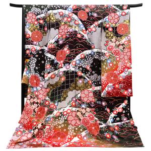 振袖　仮絵羽　未仕立て品　八掛付き　正絹　滝泰　赤系　絞り　銀通し　ふりおぼろ 振袖 仮絵羽 未仕立て品 八掛付き 正絹 滝泰 絞り 黒系 銀通し