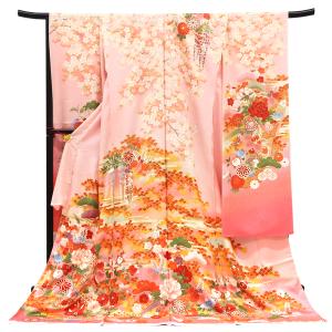 振袖セット 赤系 金色 桜 梅 花 鹿の子 松 絵羽柄 正絹 西陣織 パール