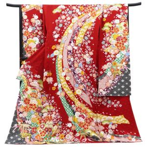 仕立て付 正絹振袖 単品 花 桜 f-171-t 黒 丹後ちりめん 刺繍 新品購入