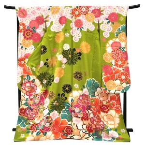 振袖 黄緑 仕立て上がり 新品 販売 購入 古典柄 桜 菊 梅 楓 椿 橘 四季花 正絹 フォーマル 礼装 成人式 卒業式 f-778