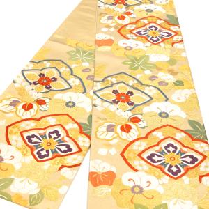 袋帯 訳あり 未仕立て 金色 ゴールド ピンク 唐花菱 二重襷 絹 京都