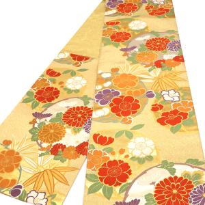 廣部商事 振袖用 袋帯 金 ゴールド 仕立て上がり 斜めよろけ縞 菊 桜