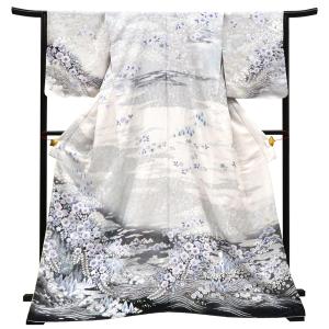 15%クーポンあり 関芳 桂由美 訪問着 白×グレー 仕立て上がり 絹 銀通し 辻が花 袷 新品 販売 購入 礼装用 フォーマル 着物 結婚式 仕立て済み h-675