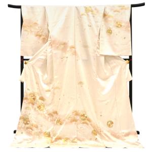 訪問着 クリーム色 友禅 十日町有名染織匠 仕立て付き 新品 販売 購入 雪輪 松 花 未仕立て 反物 袷 単衣 正絹 礼装着物 フォーマル h-742