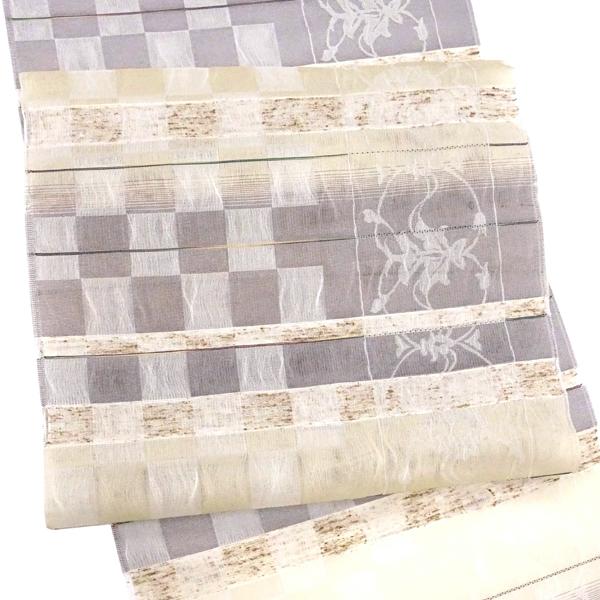 15%クーポンあり 名古屋帯 正絹 大光 仕立て付き 格子 チェック スリーシーズン帯 ベージュ カ...