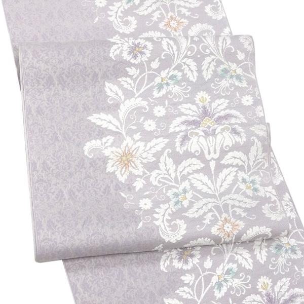 名古屋帯 正絹 弥栄織物 仕立て付き 薄紫 唐花 唐草 スリーシーズン帯 カジュアル 西陣織 新品 ...