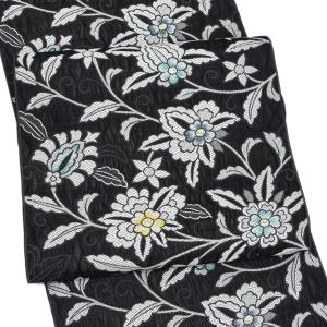 袋帯 螺鈿箔 正絹 絹 金糸 銀糸 黒地 黒 花唐草 横段 花菱 網代