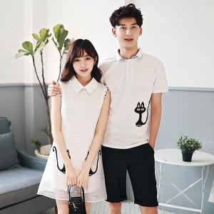 カップル ペアルック メンズ レディース ペア Tシャツ ワンピース ブラウス ドレス 半袖tシャツ お揃い プリント 猫 部屋着 可愛い ウィルマート