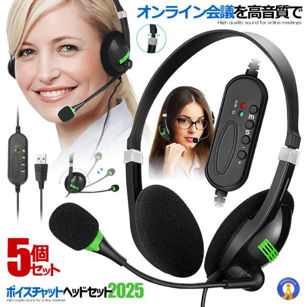5個セット usb ヘッドセット テレワーク テレビ会議 ミュート機能付き 両耳ボイスチャット用 ヘ...