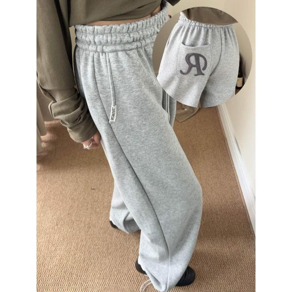 ワイドパンツ 体型カバー ストレートレッグ レディース ワイドレッグ Rロゴ入り 刺繍 秋冬 ゆった...