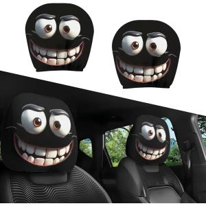 車用ヘッドレストカバー 面白い 車用ヘッドカバー 両面プリント 自動車前部座席 レスト装飾 洗濯可能 伸縮性あり カーシートヘッドギア 両面印刷 2点パック