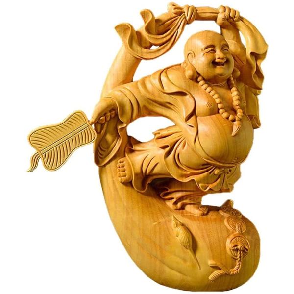 仏像 置物 弥勒仏 布袋様 天然ツゲ木彫り 仏教 弥勒手彫り仏像 風水グッズ 五穀豊穣 繁栄平安 開...